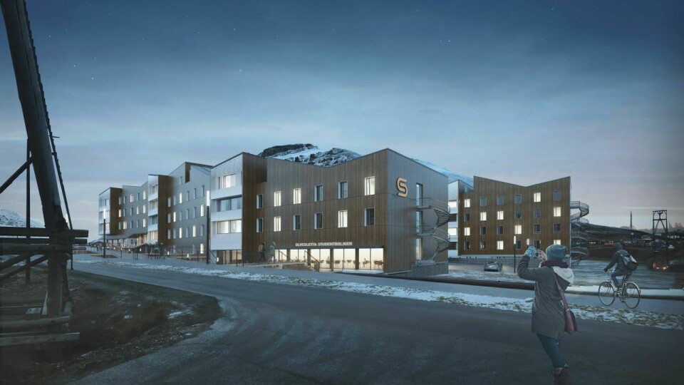 BLIR MINDRE: Slik så Norges arktiske studentsamskipnad for seg at boligene, med næring i første etasje, ville se ut i mai i fjor. Om ikke lenge kommer det nye tegninger for et litt mindre leilighetskompleks. (Illustrasjon: AT Plan og Arkitektur)