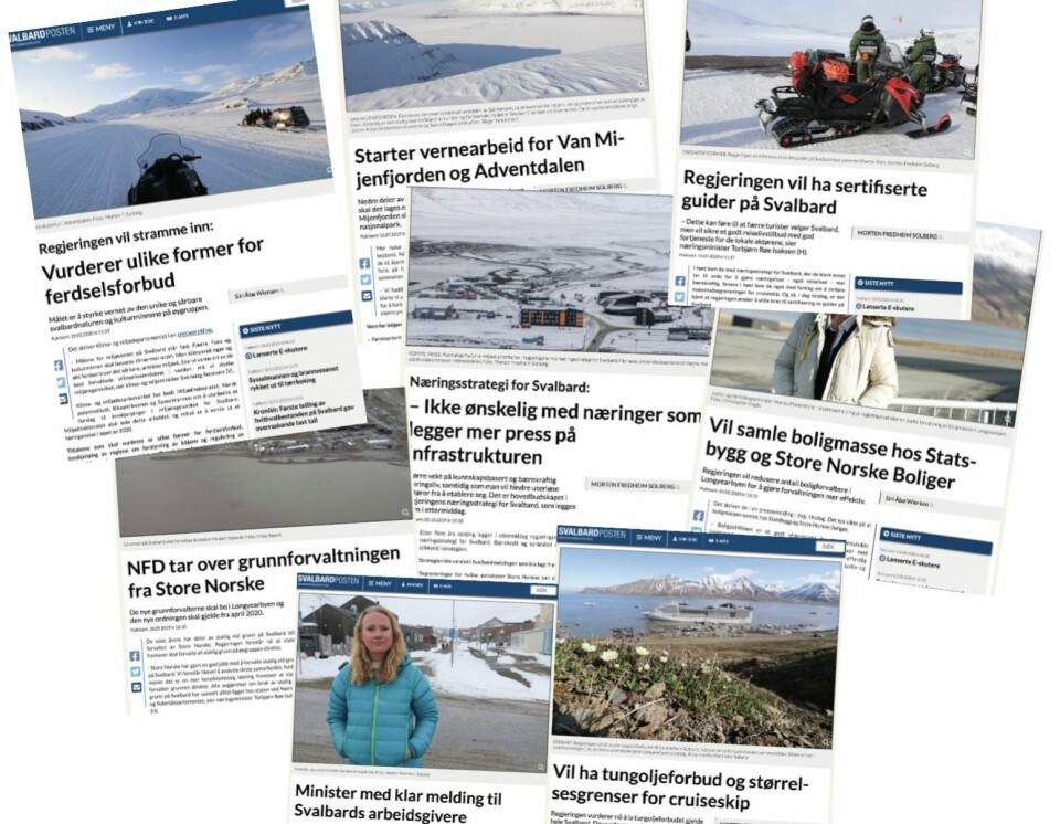 SENTRALE INNSTRAMMINGER: Regjeringen har varslet en rekke innstramminger de siste ti månedene. I februar startet Klima- og miljødepartementet en prosess, men lokale aktører føler de har fått veldig kort tidsfrist. Skjermdump fra Svalbardposten.no SENTRALE INNSTRAMMINGER: Regjeringen har varslet en rekke innstramminger de siste ti månedene. I februar startet Klima- og miljødepartementet en prosess, men lokale aktører føler de har fått veldig kort tidsfrist. Skjermdump fra Svalbardposten.no