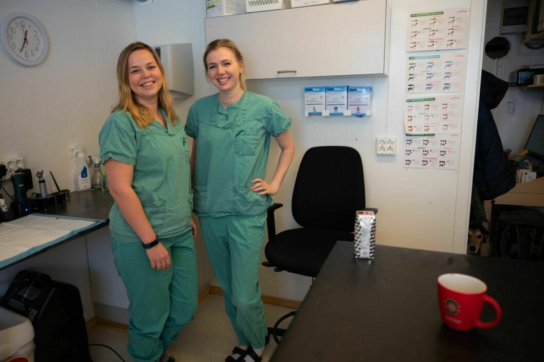 Veterinærene Stine Diinhoff (t.v.) og Kristina Hope har jobbet i Svalbard Vet siden i fjor. Nå er planen at de skal kjøpe seg inn i bedriften.