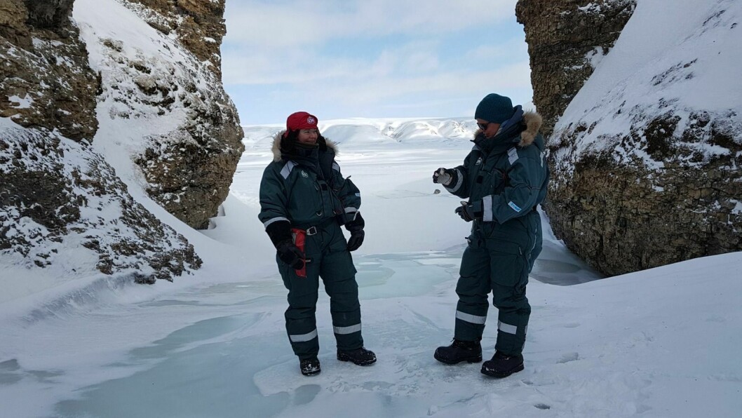 Kine H. Bjelland til venstre og Martine Nyhagen var permittert fra jobbene sine, nå jobber de med å overvåke svalbardrype for Norsk Polarinstitutt. Bildet er tatt under rypetellingen i Sassendalen i 2019.