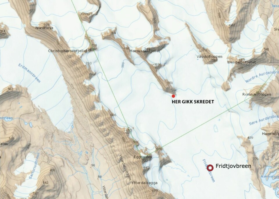 Skredet gikk på sørspissen av Marcussenfjellet på Fridtjovbreen. Skredet gikk på sørspissen av Marcussenfjellet på Fridtjovbreen.