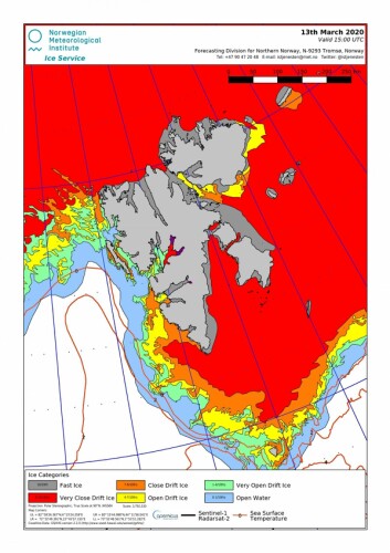 ISKARTET: Slik så iskartet ut da ferdselsforbudet fra Sysselmannen trådte i kraft. De tre områdene med forbud - Tempelfjorden, Billefjorden og Rindersbukta - er markert i lilla på kartet. Kart: Meteorologisk institutts istjeneste i Tromsø