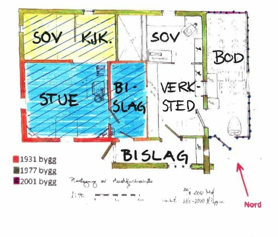 Plantegning av AustfjorndesOransje vegger: Bjønnes sin fangststasjon fra 1935-1977Grønne vegger: Utvidelsen til Finn Berntsen 1977-78Fiolette vegger: Tilbygg fra 2001Blå skravur: Tilbakeføring av Finn BerntsenGul skravur: Tilrettelegging av kjøkken og soverom for nye overvintringer Ingen skravur: Ikke omfattet arbeidene i 2019-2020