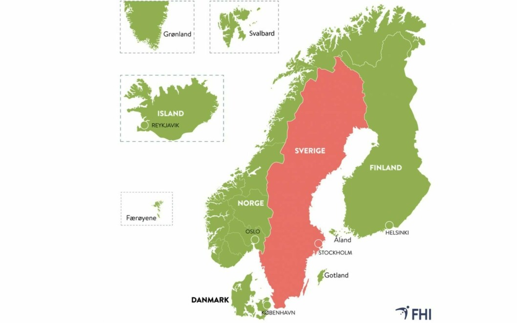 Områder i Norden der smittepresset er vurdert å være så lavt at man tillates å krysse grensene inn til Norge uten innreisekarantene (grønt) og områder som er underlagt reisekarantene (rødt).
