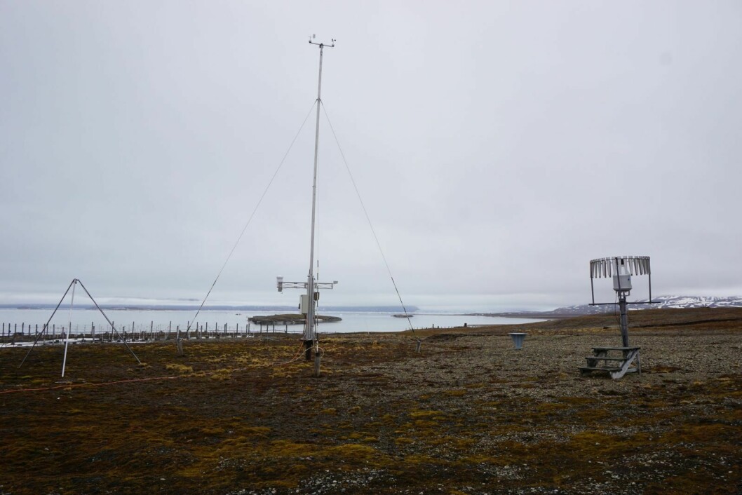 Værstasjonen til Meteorologisk institutt i Ny-Ålesund. Informasjonen i produktlaget Ny-Ålesund Research Objects viser at målingene startet i 1951, og at data leveres til WMO og Eklima.