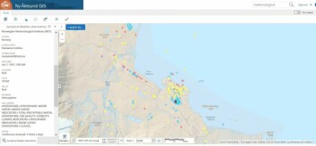 Det nye produktlaget i Svalbardkartet med informasjon om forskningsinstrumenter, installasjoner og feltområder. Den blå sirkelen viser Meteorologisk Institutts met-stasjon i Ny-Ålesund (som vist i bilde 2).