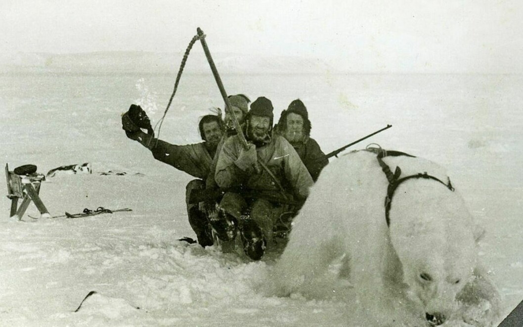 Fangstmenn med glimt i auga. Bjåen-karane bak ein stivfrosen isbjørn som har falle for sjølvskot i 1948.
