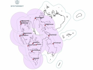 Kartet viser dekningsområdet til Kystverkets AIS-nettverk på Svalbard. De seks nyeste AIS-basestasjonene er etablert på Sidorovberget, Volgerberget, Angelinberget, Mosselhalvøya, Walterfjellet og Amsterdamøya.
