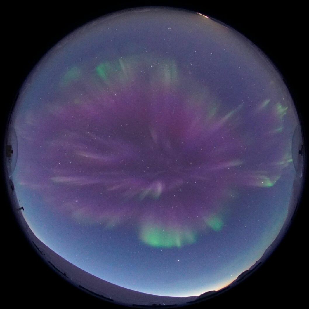 Dagnordlys med dominerende rødt nordlys sett fra Kjell Henriksen Observatoriet ved Longyearbyen. Dagnordlys med dominerende rødt nordlys sett fra Kjell Henriksen Observatoriet ved Longyearbyen.