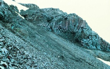 Kongsøya, Kong Karls Land. Basalt som rant ut på en elveslette i krittiden. Vi kan også se at lavaen har rent fra venstre mot høyre før den størknet som søylebasalt. Sirkelen viser, i 1993, geologer klatrende opp til blotningen for å ta prøver.