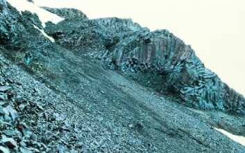 Kongsøya, Kong Karls Land. Basalt som rant ut på en elveslette i krittiden. Vi kan også se at lavaen har rent fra venstre mot høyre før den størknet som søylebasalt. Sirkelen viser, i 1993, geologer klatrende opp til blotningen for å ta prøver. Kongsøya, Kong Karls Land. Basalt som rant ut på en elveslette i krittiden. Vi kan også se at lavaen har rent fra venstre mot høyre før den størknet som søylebasalt. Sirkelen viser, i 1993, geologer klatrende opp til blotningen for å ta prøver.