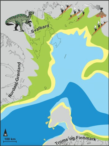 Ey rekonstruert kart av hvordan det så ut for cirka 125 millioner å siden; den gang vi var landfast med Grønland og med deler av nordlige Canada. Mørk blå farge er dypt hav; lys blå er grunt innhav; gulfarger er kystlinje med strand eller deltaer, grønnfarger er elvesletter, myr eller sump og skogsvegetasjon, og grå farge er landområder.