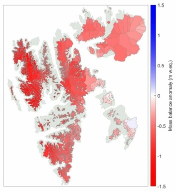 Avvik i modellert nettomassebalanse for 2020 (vinter 2019/2020 og sommeren 2020), sammenlignet med snittet for årene 1990-2019. Avvik i modellert nettomassebalanse for 2020 (vinter 2019/2020 og sommeren 2020), sammenlignet med snittet for årene 1990-2019.