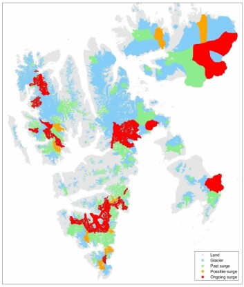 Breer på Svalbard med historisk (grønn), pågående (rød) eller muligens oppstartende (oransje) surge. Breer på Svalbard med historisk (grønn), pågående (rød) eller muligens oppstartende (oransje) surge.