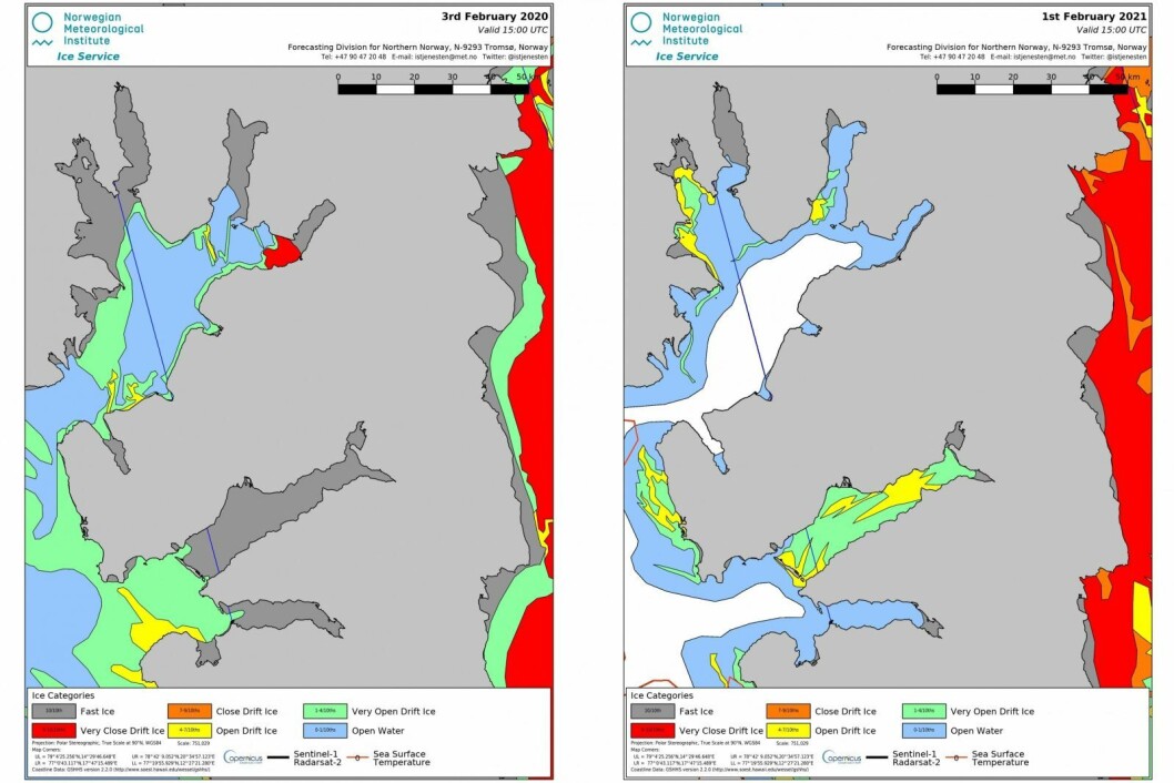 Iskart: Konsentrasjon av sjøis i begynnelsen av februar i 2020 (til venstre) og i 2021 (til høyere) hvor vi ser at sidefjordene i Isfjorden og Van Mijenfjorden stort sett var dekket av fastis på denne tiden i fjor. Kilde: Oppdaterte iskart fra Istjenesten | cryo.met.no Iskart: Konsentrasjon av sjøis i begynnelsen av februar i 2020 (til venstre) og i 2021 (til høyere) hvor vi ser at sidefjordene i Isfjorden og Van Mijenfjorden stort sett var dekket av fastis på denne tiden i fjor. Kilde: Oppdaterte iskart fra Istjenesten | cryo.met.no