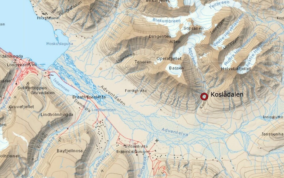 Isbjørnen ble sitt sett ved minnesmerket ved Operafjellet, på vei inn Koslådalen.