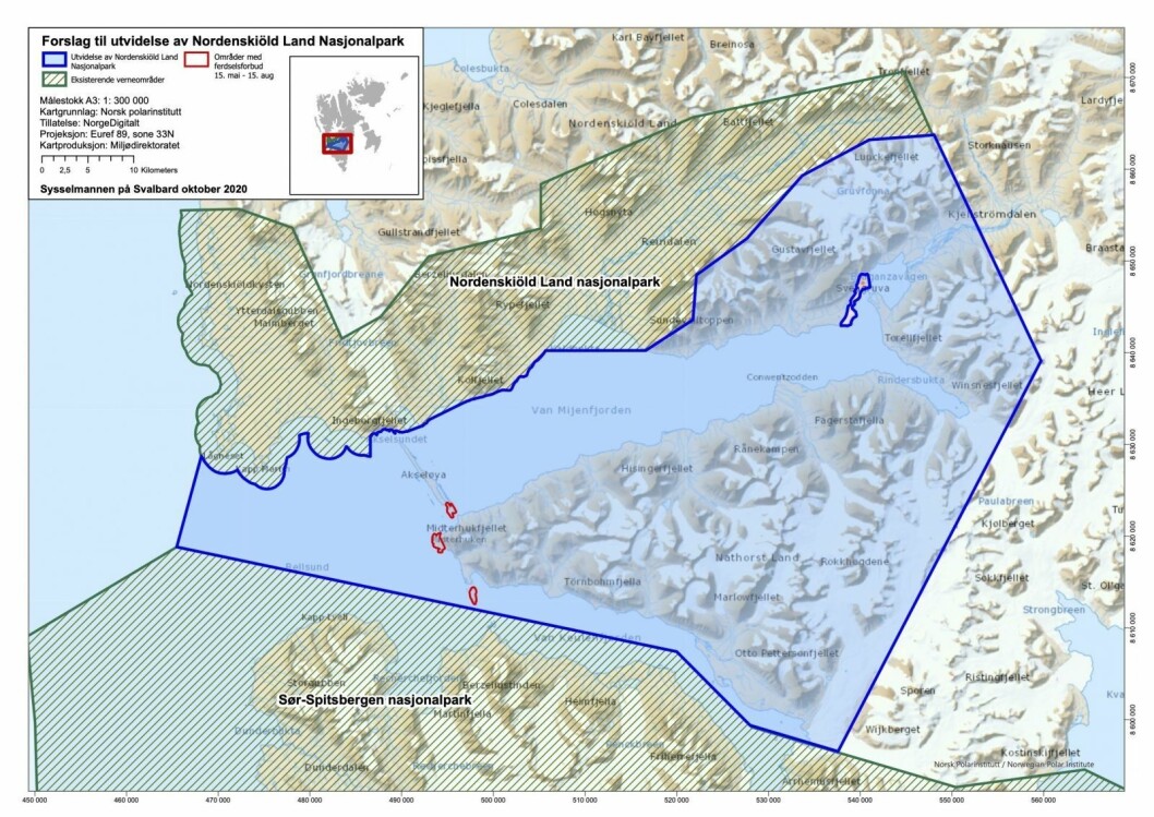 Større nasjonalpark: Kart over forslaget om utvidelse av Nordenskiöld Land nasjonalpark. Større nasjonalpark: Kart over forslaget om utvidelse av Nordenskiöld Land nasjonalpark.