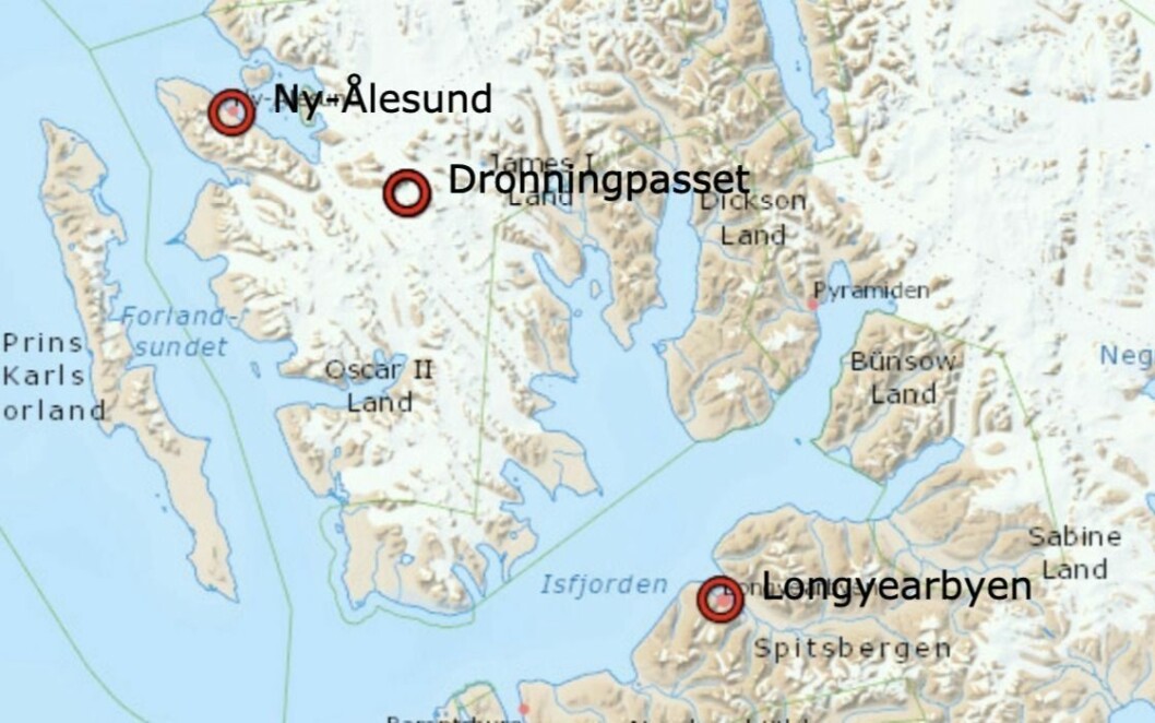 REDNINGSAKSJON: Skifølget var ved Dronningpasset, cirka 30 kilometer sørøst for Ny-Ålesund. REDNINGSAKSJON: Skifølget var ved Dronningpasset, cirka 30 kilometer sørøst for Ny-Ålesund.