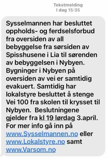 FØRSTE VARSLING: Denne tekstmeldingen er den første sendt fra Longyearbyen lokalstyre til samtlige mobiltelefoner i Longyearbyen. FØRSTE VARSLING: Denne tekstmeldingen er den første sendt fra Longyearbyen lokalstyre til samtlige mobiltelefoner i Longyearbyen.