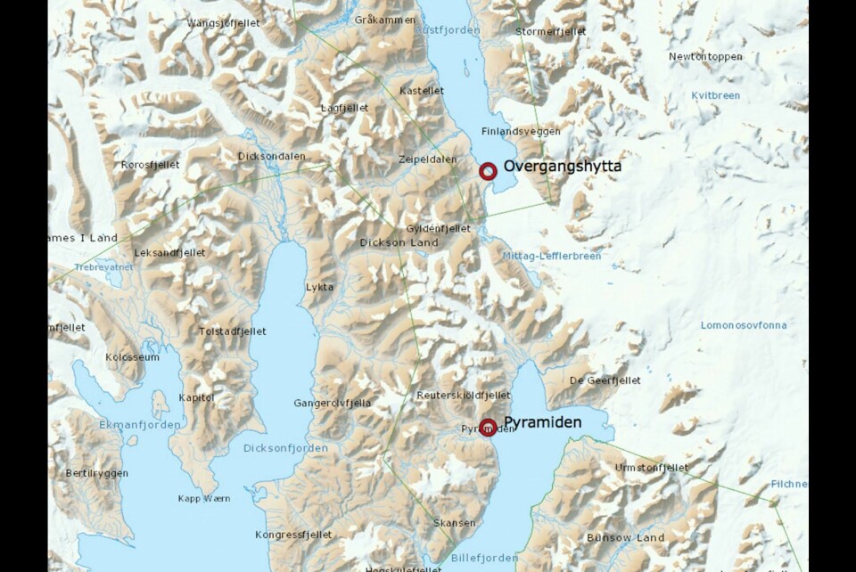 Turfølget som fikk problemer fredag var på vei fra Overgangshytta til Pyramiden.