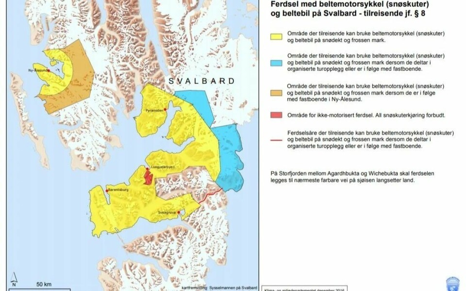 Kart over hvor man kan ferdes med snøskuter på Svalbard, ifølge motorferdselforskriften.