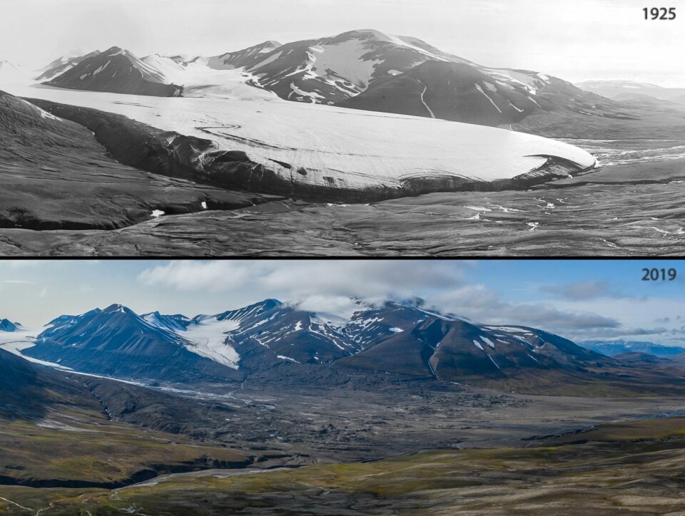 Drønbreen i 1925 og i 2019. Drønbreen i 1925 og i 2019.