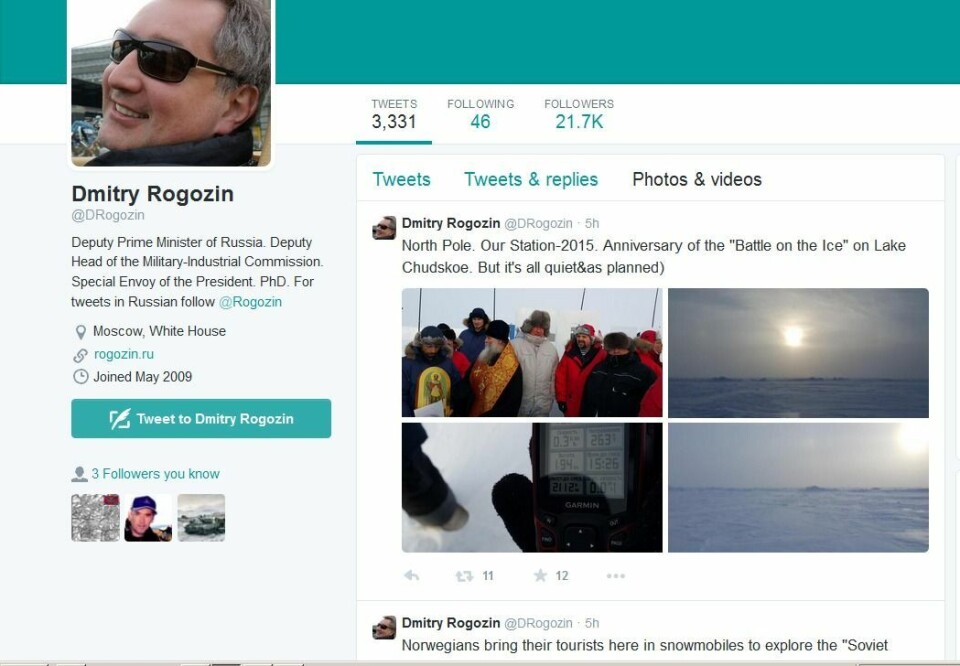 Dimitrij Rogozin har twitret ivrig under besøket på Svalbard.
