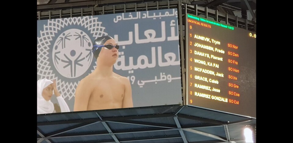 Trym Eide Aunevik svømte inn til en 6. plass på 100 meter bryst under Special Olympics i Abu Dhabi onsdag. Trym Eide Aunevik svømte inn til en 6. plass på 100 meter bryst under Special Olympics i Abu Dhabi onsdag.
