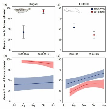 Figuren viser prosent av tiden ringsel og hvithval tilbringer foran brefronter i perioden 1995-2003 (blått) og 2010-2016 (rødt). Panel c og d viser modellerte resultaater for tid foran brefronter til forskjellig tider på året. Figuren viser prosent av tiden ringsel og hvithval tilbringer foran brefronter i perioden 1995-2003 (blått) og 2010-2016 (rødt). Panel c og d viser modellerte resultaater for tid foran brefronter til forskjellig tider på året.