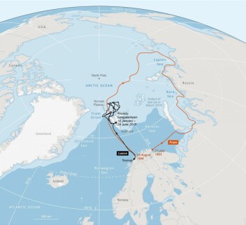 <strong class="nf-o-text--strong">FRAM VS LANCE:</strong> Godt over hundre år etter polfarer Fridtjof Nansens Fram-ekspedisjon i Polhavet driftet Lance i deler av det samme havområdet. Nansen jaktet på den geografiske Nordpolen, mens N-ICE-ekspedisjonen søkte svar på de pågående klimaendringene som slår ned med full styrke i Polhavet. Rød strek viser Frams ferd i Polhavet, mens svart strek er Lances rute. Kart: Norsk Polarinstitutt <strong class="nf-o-text--strong">FRAM VS LANCE:</strong> Godt over hundre år etter polfarer Fridtjof Nansens Fram-ekspedisjon i Polhavet driftet Lance i deler av det samme havområdet. Nansen jaktet på den geografiske Nordpolen, mens N-ICE-ekspedisjonen søkte svar på de pågående klimaendringene som slår ned med full styrke i Polhavet. Rød strek viser Frams ferd i Polhavet, mens svart strek er Lances rute. Kart: Norsk Polarinstitutt