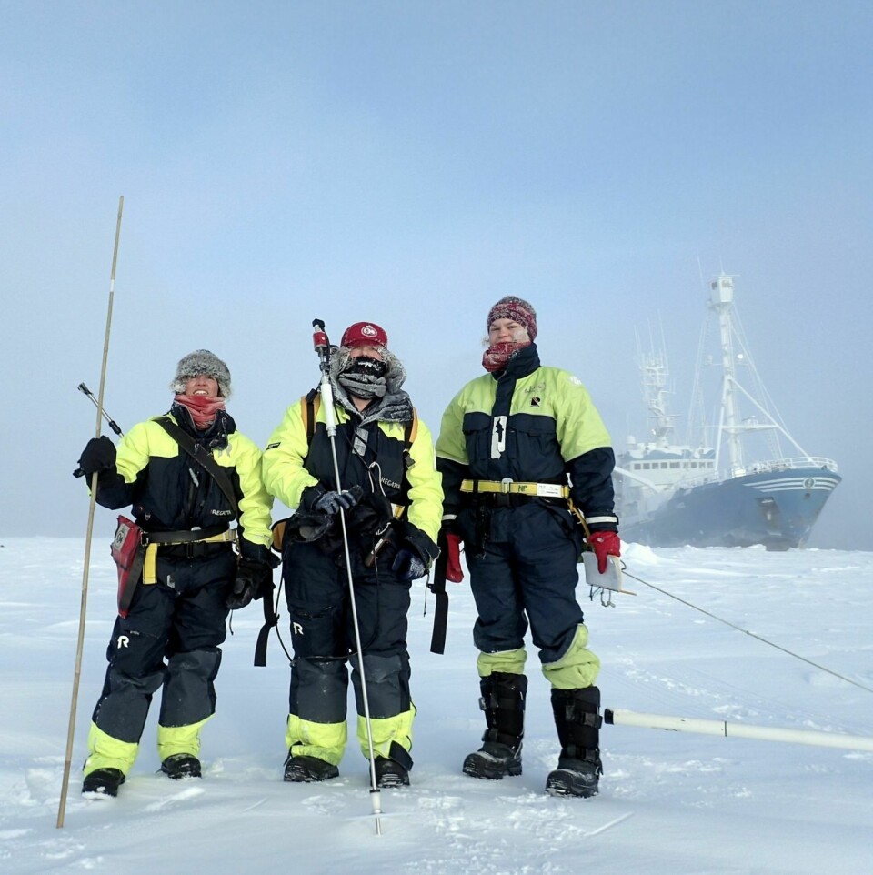 HAVISFORSKERE: Havisforskerne Lana Cohen (t.v.), Anja Rösel og Anna Silyakova fotografert etter en økt med havismålinger.