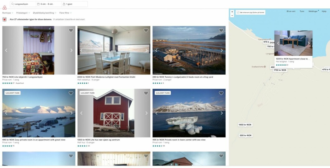 Dersom noen ønsker seg en tur til Longyearbyen helga 6. til 8. oktober, kan de fremdeles velge mellom 27 utleiesteder på Airbnb. Totalt er det registrert 62 utleiesteder på Airbnb. Dersom noen ønsker seg en tur til Longyearbyen helga 6. til 8. oktober, kan de fremdeles velge mellom 27 utleiesteder på Airbnb. Totalt er det registrert 62 utleiesteder på Airbnb.