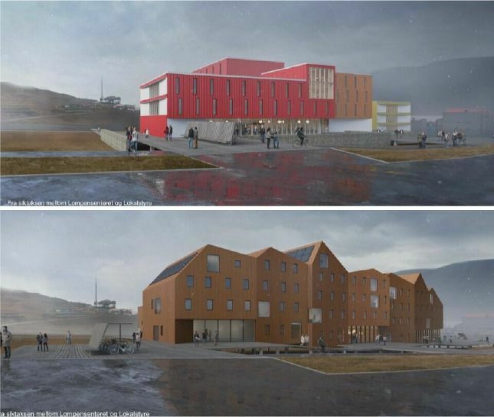 To muligheter for nybygg, sett fra  området mellom Lompensenteret og Longyearbyen lokalstyre. Tanken er at bygget skal vende seg mot byen og ha næringsaktivitet på gateplan.