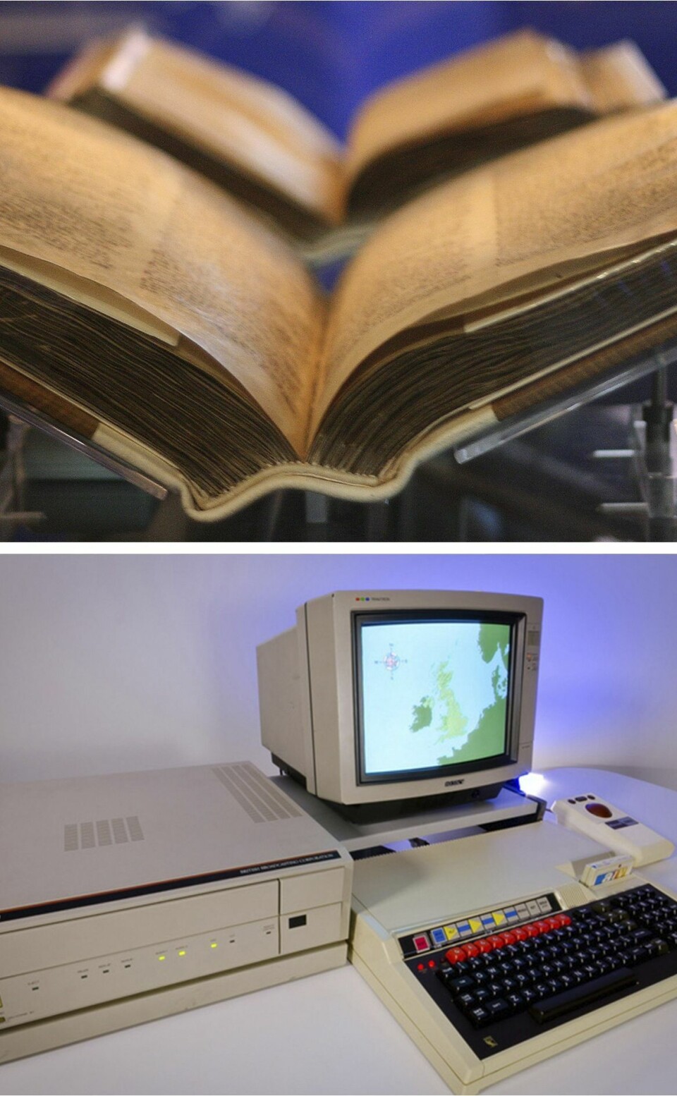 Oppe: Den originale Domesday book i to bind fra 1086. Nede: BBC sin moderne versjon fra 1986.