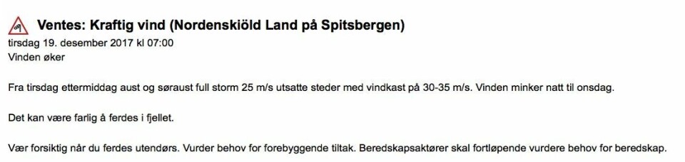 Obs-varselet fra Meteorologisk institutt.