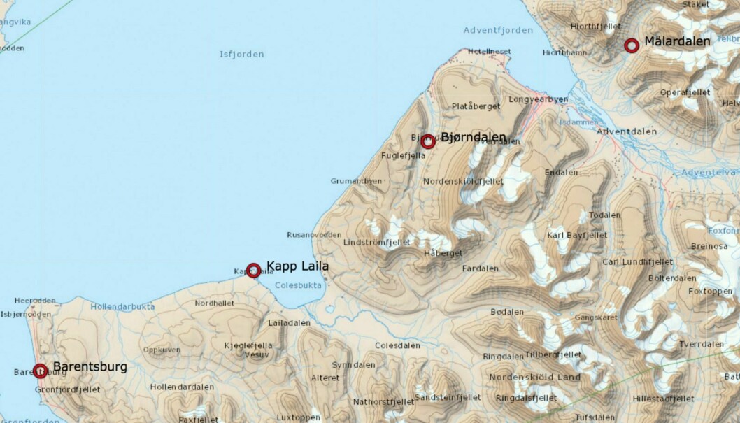 Sysselmannen har fått meldinger om isbjørn i Barentsburg, på Kapp Laila, i Bjørndalen og i Mälardalen det siste døgnet.