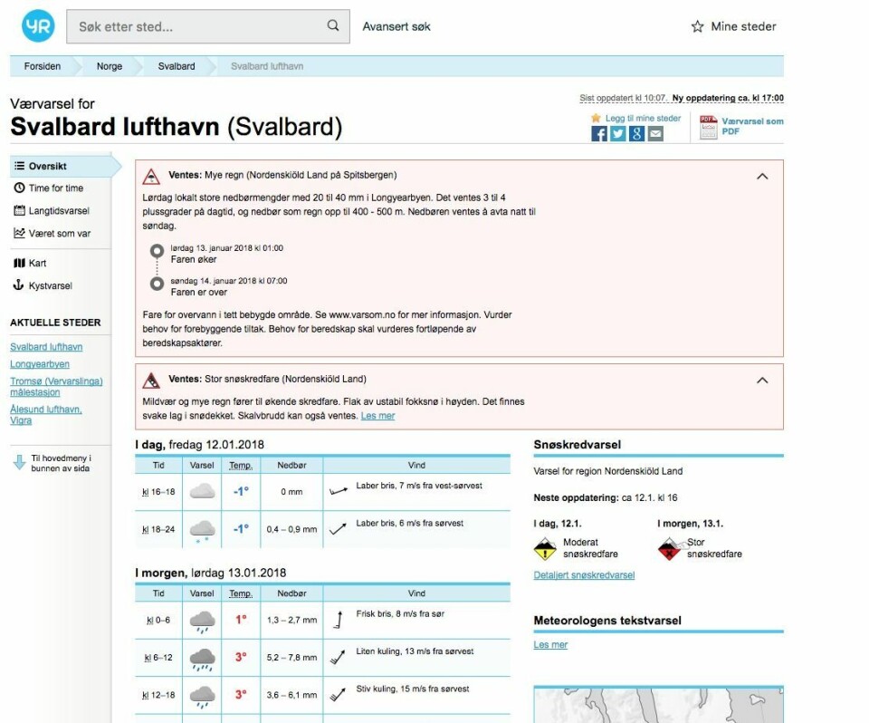 Det er sendt ut Obs-varsel for Nordenskiöld Land lørdag, både når det gjelder nedbør og skredfare.