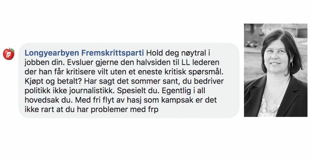 Svalbardposten-redaktør Hilde Røsvik (innfelt) reagerer på dette innlegget fra Longyearbyen Frp. Innlegget er nå slettet fra siden. Svalbardposten-redaktør Hilde Røsvik (innfelt) reagerer på dette innlegget fra Longyearbyen Frp. Innlegget er nå slettet fra siden.