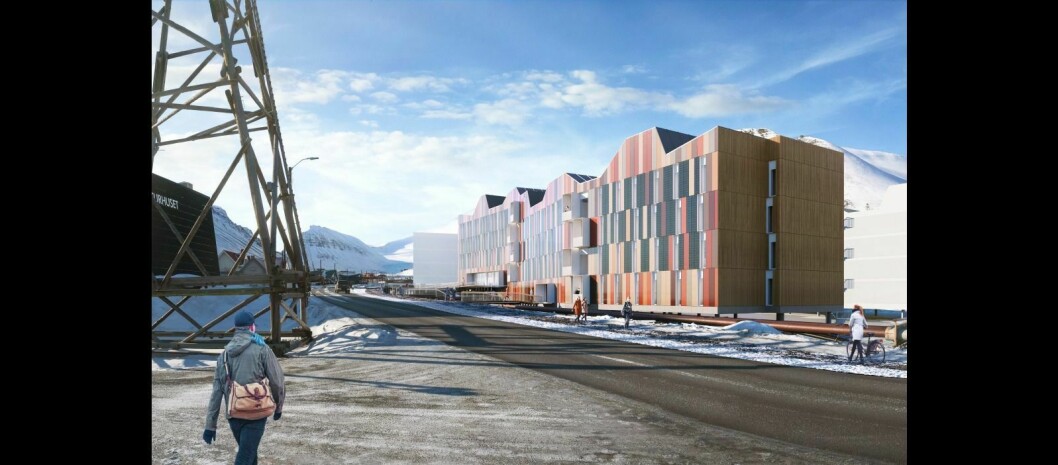 Dette er de siste skissene av de nye studentboligene som skal bygges i sentrum av Longyearbyen. Til sammen skal det bli 250 boliger og 30 hotellrom.