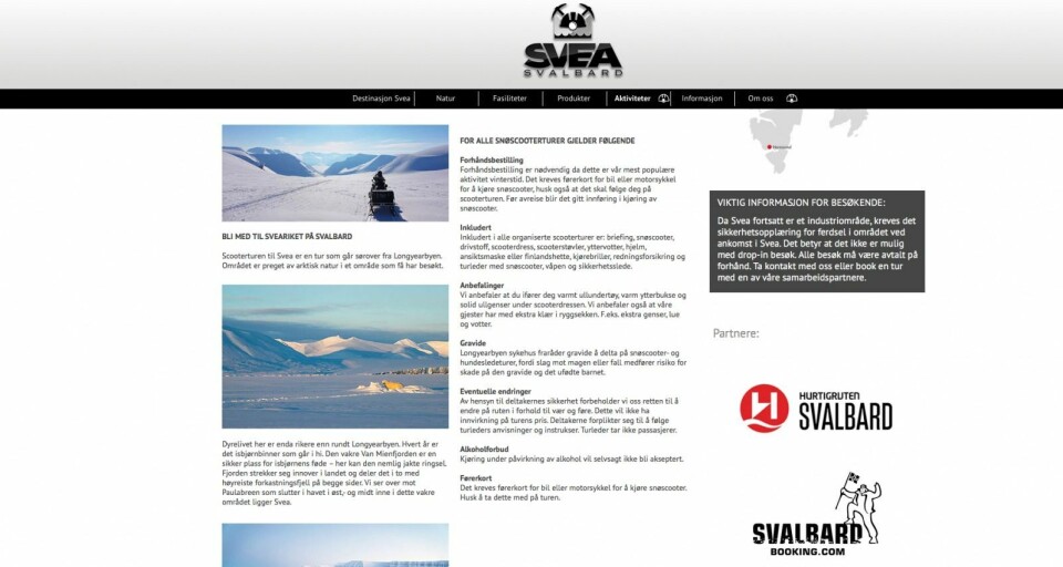 Når man går inn på nettsidene til Svea Svalbard, blir man sendt videre til denne siden. Her reklamerer Hurtigruten Svalbard, som eier Svea Svalbard sammen med Store Norske, med rikt dyreliv og isbjørn.