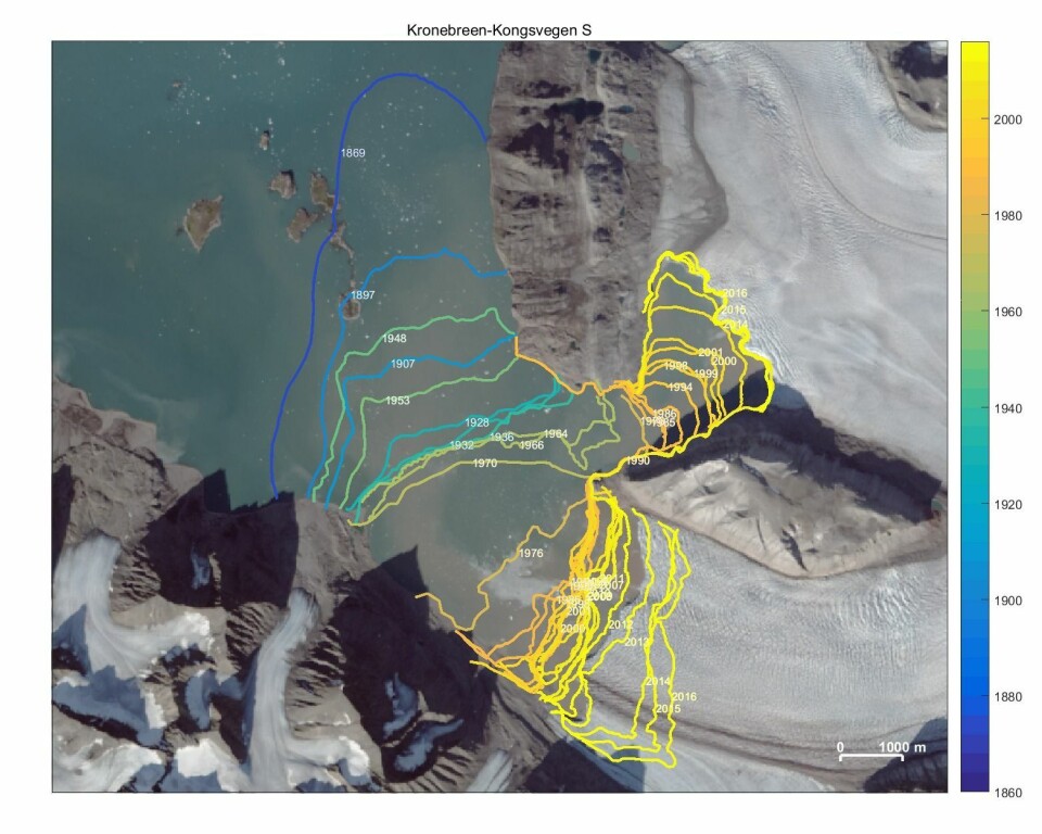 Frontposisjonene for tre av de største breene i Kongsfjorden: Kongsvegen, Kronebreen og Kongsbreen, basert på gamle kart, ekspedisjonsfotoer, flyfotografering og satellittdata.
