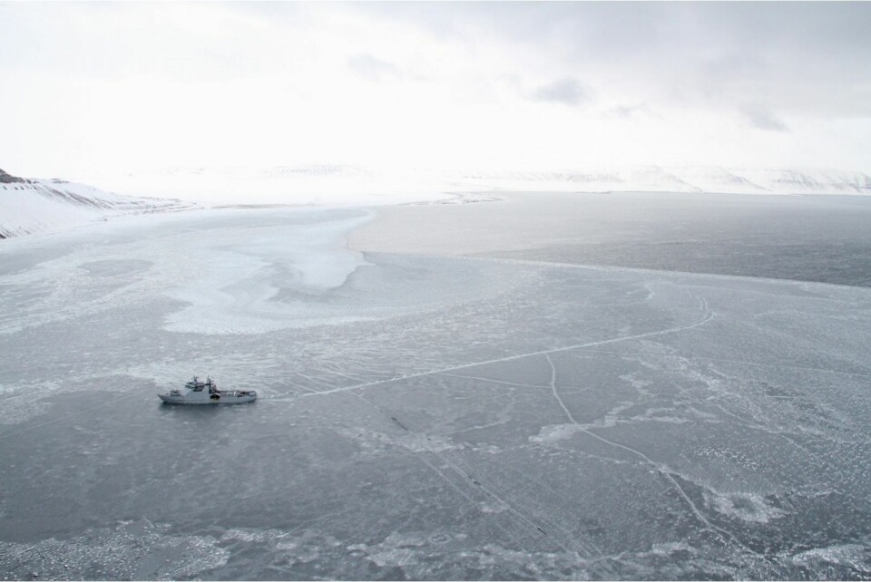 KV «Svalbard» ved ulykkesstedet. Bildet er tatt i retning mot Fredheim og Vindodden.