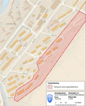 Slik ser evakueringssonen ut etter at Sysselmannen opphevet evakueringen i Vei 228 søndag. Slik ser evakueringssonen ut etter at Sysselmannen opphevet evakueringen i Vei 228 søndag.