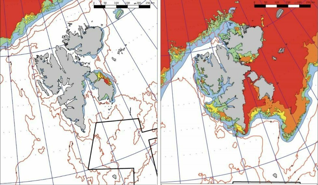 Kartet til venstre viser is-situasjonen 27. november 2018, og til høyre situasjonen 28. november i år. Røde områder er steder med «veldig tett drivis».