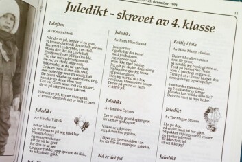 SKOLEOPPGAVE: – Dette må ha vært en oppgave vi fikk på skolen, mener de to damene. Diktene sto på trykk 23. desember 1994. SKOLEOPPGAVE: – Dette må ha vært en oppgave vi fikk på skolen, mener de to damene. Diktene sto på trykk 23. desember 1994.