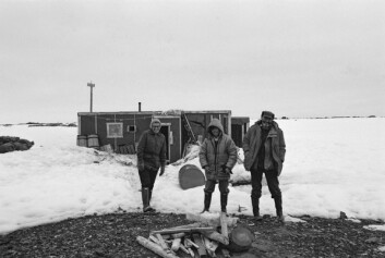 Elisabeth Harland, kinesisk dame og W. Brian Harland frå Cambridge Geological Expedition. Overvintringshytta i bakgrunnen. Elisabeth Harland, kinesisk dame og W. Brian Harland frå Cambridge Geological Expedition. Overvintringshytta i bakgrunnen.