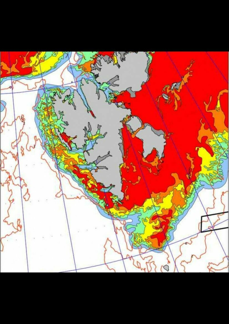 STATUS 2. JANUAR: Isen har kommet østfra og presses rundt Sørkapp og oppover vestkysten. Ikke siden 2011 har det vært så mye is som vi har rundt Svalbard nå. Isen er i ferd med å pakke seg i blant annet Forlandsundet og ned mot Bjørnøya. Rødt er tett is, mens grønt betyr at 10-40 prosent av havoverflaten er dekket av is. Kart: Meteorologisk institutt
