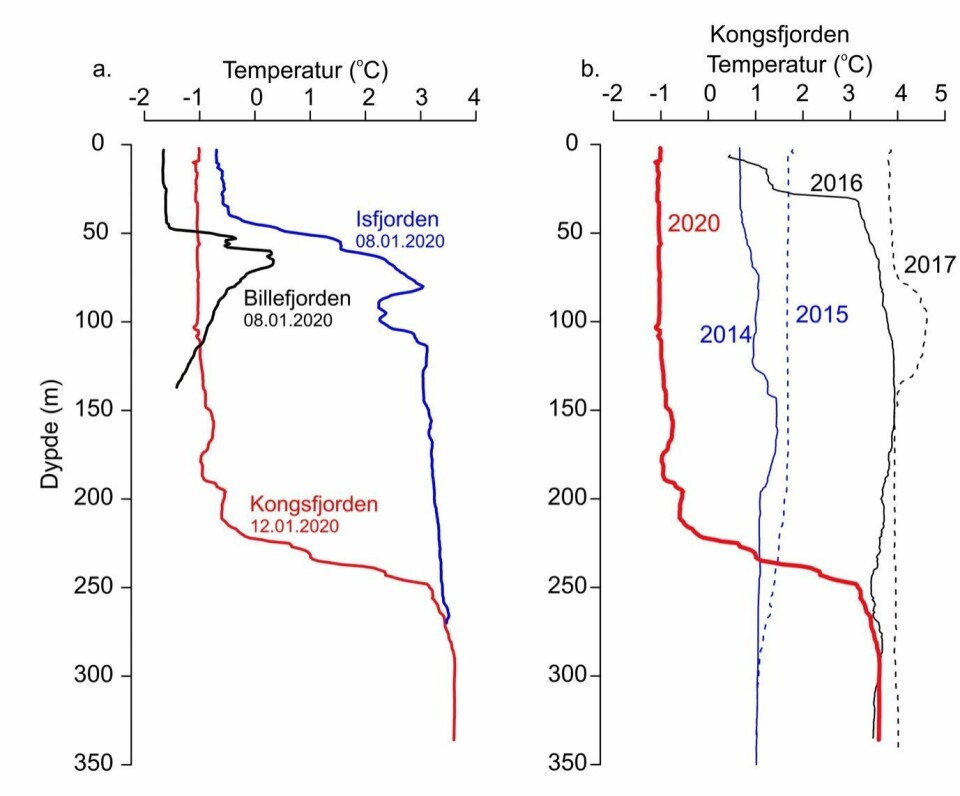 Sammenlikning av temperatur profiler tatt i januar 2014-2017 og 2020 (rødt).
