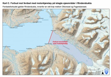 Rindersbukta, innerst i Van Mijenfjorden, er stengt for motorisert ferdsel.