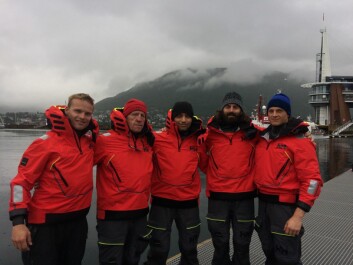Norske Tor Wigum (t.v.), walisiske Jeff Willis, indiske Roy Tathagata, amerikanske Carlo Facchino og islandske Fiann Paul skal ro fra Tromsø til Svalbard.